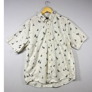 Trader Bay Sailboat Shirt Mens Large Cream Linen Blend Short Sleeve‎ Nautical